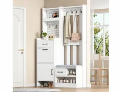 Hauss Spole Armario De Entrada|Armadietto bianco con 2 cassetti, 2 ante, panca e ganci, pannello forato 110x35x175,5cm