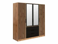 Vente-unique Armario|Armario 4 puertas 3 cajones con espejo L196 cm en color natural y negro - LIRMADA