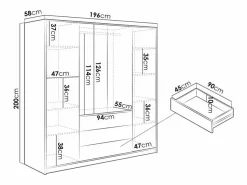 Vente-unique Armario|Armario 4 puertas 3 cajones con espejo L196 cm en color natural y negro - LIRMADA