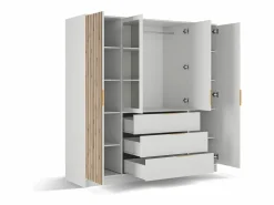 Vente-unique Armario|Armario 4 puertas 3 cajones con espejo An196 cm en color natural y blanco - LIRMADA