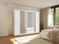 Armario 4 puertas 2 cajones con espejo L250 cm color blanco y natural - SIDOVIA^Vente-unique