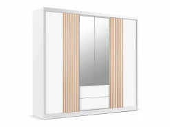 Armario 4 puertas 2 cajones con espejo L250 cm color blanco y natural - SIDOVIA^Vente-unique