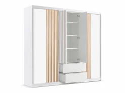 Armario 4 puertas 2 cajones con espejo L250 cm color blanco y natural - SIDOVIA^Vente-unique