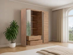 Vente-unique Armario|Armario 4 puertas 2 cajones - Con espejo - L203 cm - Color: Natural y negro - SIDOVIA