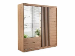 Vente-unique Armario|Armario 4 puertas 2 cajones - Con espejo - L203 cm - Color: Natural y negro - SIDOVIA