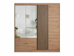 Vente-unique Armario|Armario 4 puertas 2 cajones - Con espejo - L203 cm - Color: Natural y negro - SIDOVIA