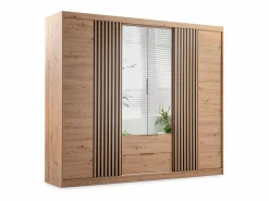 Vente-unique Armario 4 puertas 2 cajones con espejo L250 cm color natural - SIDOVIA Color natural claro Discount