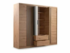 Vente-unique Armario 4 puertas 2 cajones con espejo L250 cm color natural - SIDOVIA Color natural claro Discount