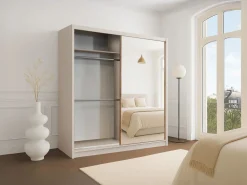 Vente-unique Armario|Armario 2 puertas correderas con espejo L203 cm color beige y natural - CALOWI