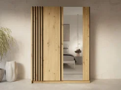 Vente-unique armario 2 puertas correderas con espejo L150 cm colores natural y negro - CALELA Negro / Color natural claro