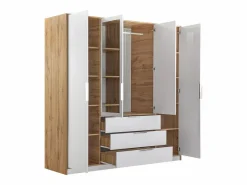 Vente-unique Armario|Armario 4 puertas y 3 cajones con espejos L196 cm color natural y blanco - LAMIKI