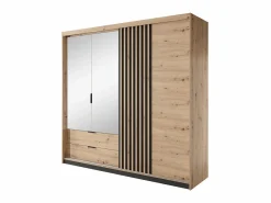 Armario 3 puertas y 2 cajones con espejos y LEDs 220 cm de ancho natural y negro - ARIADA^Vente-unique Discount