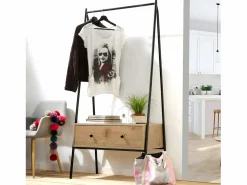 Armario abierto de metal negro con 1 cajón acabado roble 170 cm^Calicosy Outlet