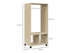 Homcom Armario abierto Kirk 1 barra + 2 estantes + ruedas natural 128x60x40 cm Blanco