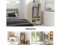 Homcom Armario abierto Kirk 1 barra + 2 estantes + ruedas natural 128x60x40 cm Blanco
