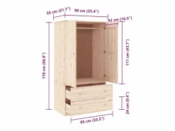 vidaxl Armario ALTA madera maciza pino 90x55x170 cm Color natural claro