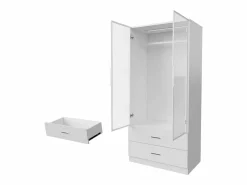 Armario con 2 cajones y 2 puertas, perchero con iluminación LED y barra para colgar, armario, vestidor, 80 x 50 x 175 cm Blanco Best