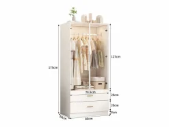 Armario con 2 cajones y 2 puertas, perchero con iluminación LED y barra para colgar, armario, vestidor, 80 x 50 x 175 cm Blanco Best