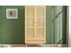 Merax Armario con barra - 90 x 45 x 183 cm - con 3 puertas - aglomerado + ratán sintético - natural Color natural claro New