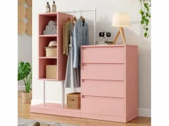 Merax Armario con cajones - 140 x 40 x 135 cm - conjunto de armario con 4 cajones - aglomerado - Rosa Online