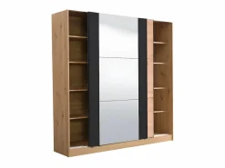 Vente-unique Armario|Armario con espejo 2 puertas correderas - Color: roble y negro - 217 cm. PHILADELPHIE