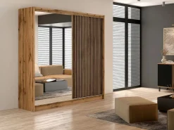 Armario corredero CALOWI de 2 puertas con espejo, ancho 203 cm, color natural y negro^Vente-unique Sale