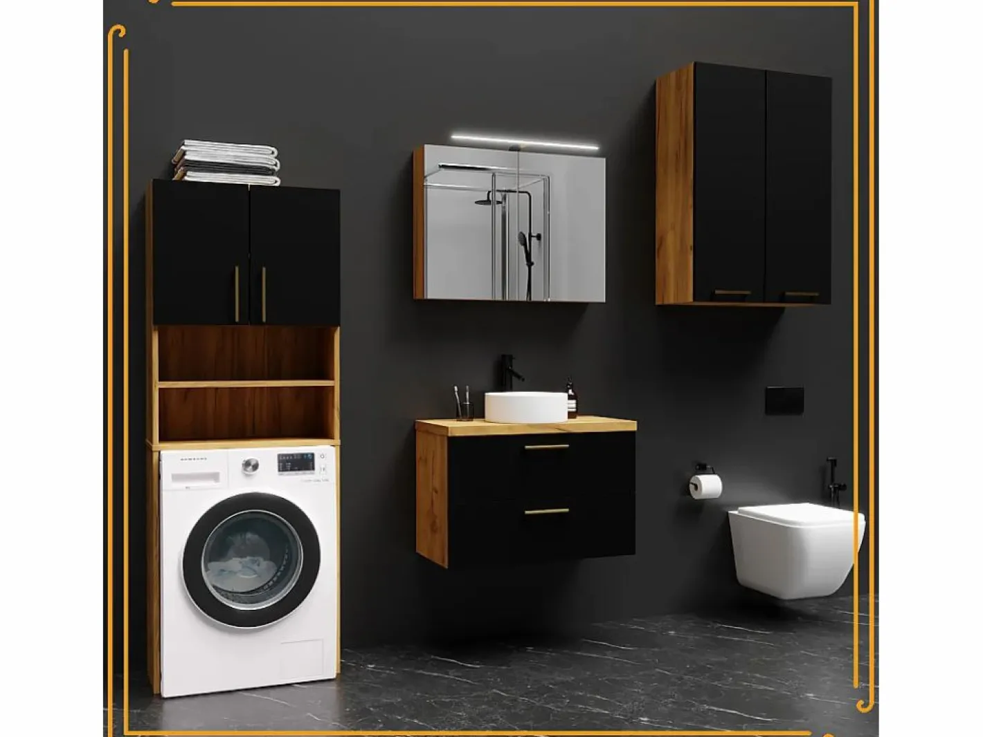 Armario de baño colgante de 60 cm sobre el lavabo con estantes para lavadora en roble artesanal y negro.^
