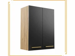Armario de baño colgante de 60 cm sobre el lavabo con estantes para lavadora en roble artesanal y negro.^