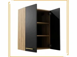 Armario de baño colgante de 60 cm sobre el lavabo con estantes para lavadora en roble artesanal y negro.^