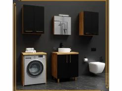 Armario de baño colgante de 60 cm sobre el lavabo con estantes para lavadora en roble artesanal y negro.^