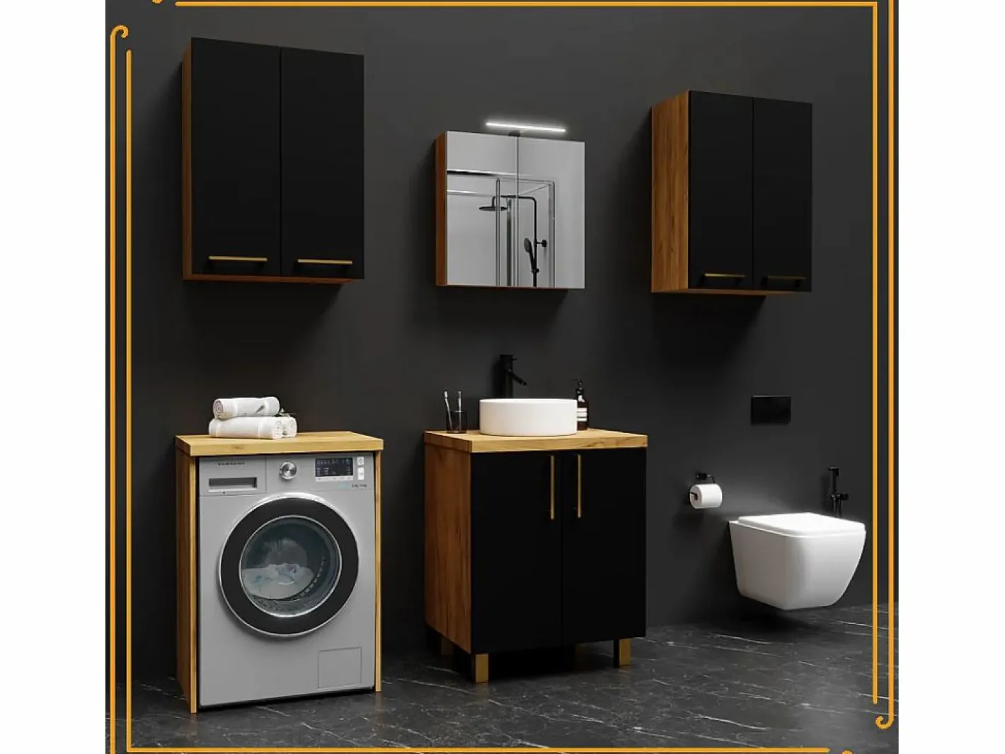 Armario de baño colgante de 60 cm sobre el lavabo con estantes para lavadora en roble artesanal y negro.^