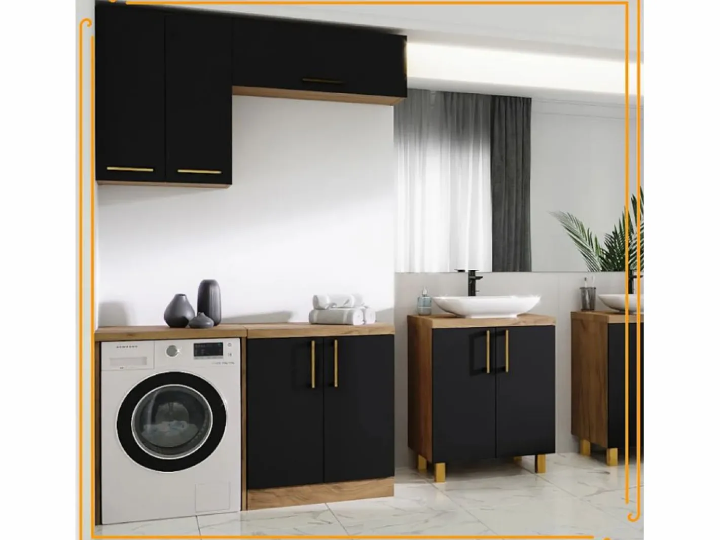 Armario de baño colgante de 60 cm sobre el lavabo con estantes para lavadora en roble artesanal y negro.^