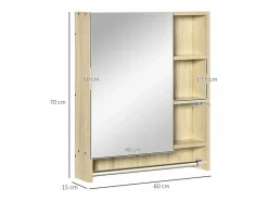 Basic Mueble De Aseo|Armario de baño Enebro Kleankin con espejo, estantes y toallero natural 70x60x15 cm
