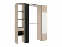 Vente-unique Armario Abierto, Vestidor|Armario de 177cm de ancho con cortina y puerta, 1 espejo, color natural y antracita - BERTRAND