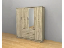 Saldosystocks Armario|Armario de Dormitorio 4 Puertas DN, con Espejo Sonoma 190x160x50 cm