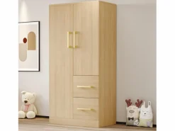 OKWISH Armario|Armario de dormitorio, armario color natural con dos puertas y dos cajones, tiradores metálicos