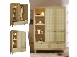 Merax Armario|Armario de dos puertas en ratán trenzado - 120 x 50 x 180 cm - estilo rústico con efecto roble - con estantes + 2 cajones - madera - natural