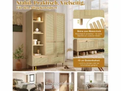 Merax Armario|Armario de dos puertas en ratán trenzado - 120 x 50 x 180 cm - estilo rústico con efecto roble - con estantes + 2 cajones - madera - natural