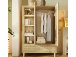 Merax Armario|Armario de dos puertas en ratán trenzado - 120 x 50 x 180 cm - estilo rústico con efecto roble - con estantes + 2 cajones - madera - natural