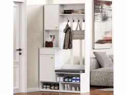 Perchero|Armario de entrada completo con banco, 4 ganchos, puertas y cajones, MDF, (100x180x35cm)