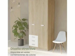 Armario de Madera con 2 Puertas, Altillo y 3 Cajones – Puccini -Andersen, Perfecto para Dormitorios Matrimoniales e Infantiles, 94,8x207,6x50 cm Beige Best