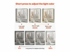 Mueble De Pared Para Baño|Armario de Pared para Baño SucceBuy Armario de Tocador con Espejo HD y LED de 3 Colores con Intensidad Variable, Enchufes y Puertos USB, 60 x 80 cm