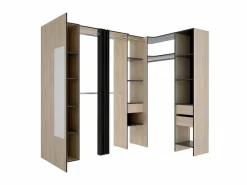 Vente-unique Armario Abierto, Vestidor|Armario esquinero con 1 puerta, cortina y espejo, 231 cm de ancho, natural y antracita - BETRAND