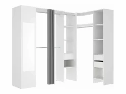 Vente-unique Armario Abierto, Vestidor|Armario esquinero con 1 puerta, cortina y espejo, 231 cm de ancho, y gris - BETRAND