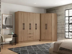 Vente-unique Armario|Armario esquinero de 8 puertas y 2 cajones L263 cm color natural - FEOVA