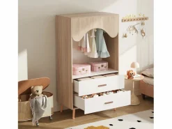 Merax Muebles Niño|Armario|Armario infantil - 80 x 46 x 141,5 cm - con barra + 2 cajones - aglomerado - natural