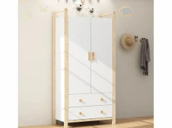 Armario infantil - 90 x 45 x 180 cm - con 2 puertas + barra + 2 cajones - aglomerado -^Merax