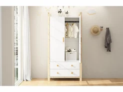 Armario infantil - 90 x 45 x 180 cm - con 2 puertas + barra + 2 cajones - aglomerado -^Merax