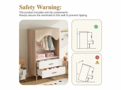 Armario infantil abierto 80x46x141.5 cm - con barra para colgar ropa y 2 cajones - patas y tiradores de madera maciza - blanco + natural^ModernLuxe Sale