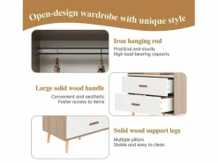 Armario infantil abierto 80x46x141.5 cm - con barra para colgar ropa y 2 cajones - patas y tiradores de madera maciza - blanco + natural^ModernLuxe Sale